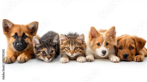 Kittens and dog of different colors sitting next to each other on a white background, minimalistic photo