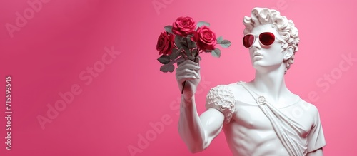 Sculpture of Apollo with red roses on a pink background. Banner. Valentine's Day concept. photo