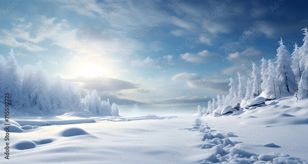 Beautiful sunny wintery scene, blue sky, clouds, sunshine, white crisp snow and snowy covered pine trees ideal for a winter holiday Christmas theme background with copy space for message
