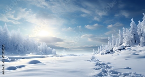 Beautiful sunny wintery scene, blue sky, clouds, sunshine, white crisp snow and snowy covered pine trees ideal for a winter holiday Christmas theme background with copy space for message 