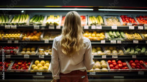 Woman in supermarket at the fruit shelf shopping for groceries, rear view © pawczar