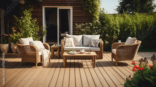 Chic rattan patio arrangement including a sofa, table, and chair set on a wooden deck in a sunny garden, ideal for outdoor living and entertaining. photo