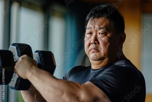 Fat middle aged asian man dumbbell exercising