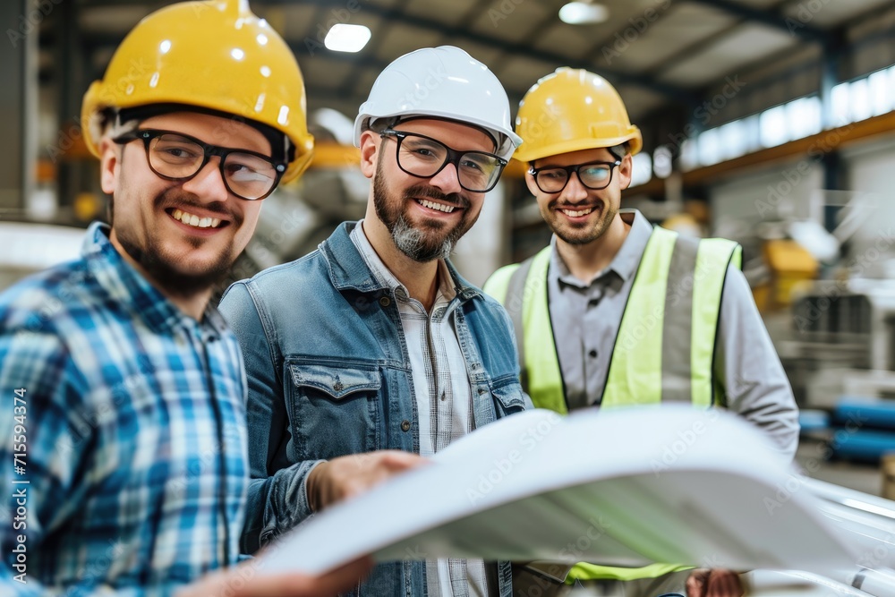 Happy mature engineer and colleagues working in factory Happy mature engineer and colleagues working in factory