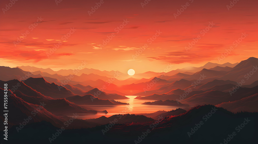 abstract wallpaper featuring a vivid red sunset painting the sky over majestic mountains.