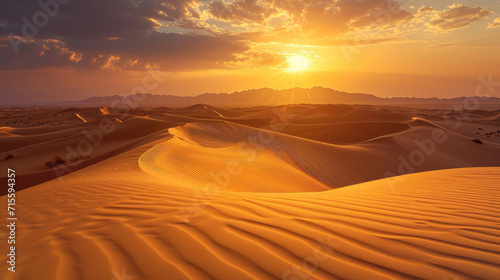 The golden hues of a desert sunset casting a warm glow over the textured dunes © Veniamin Kraskov