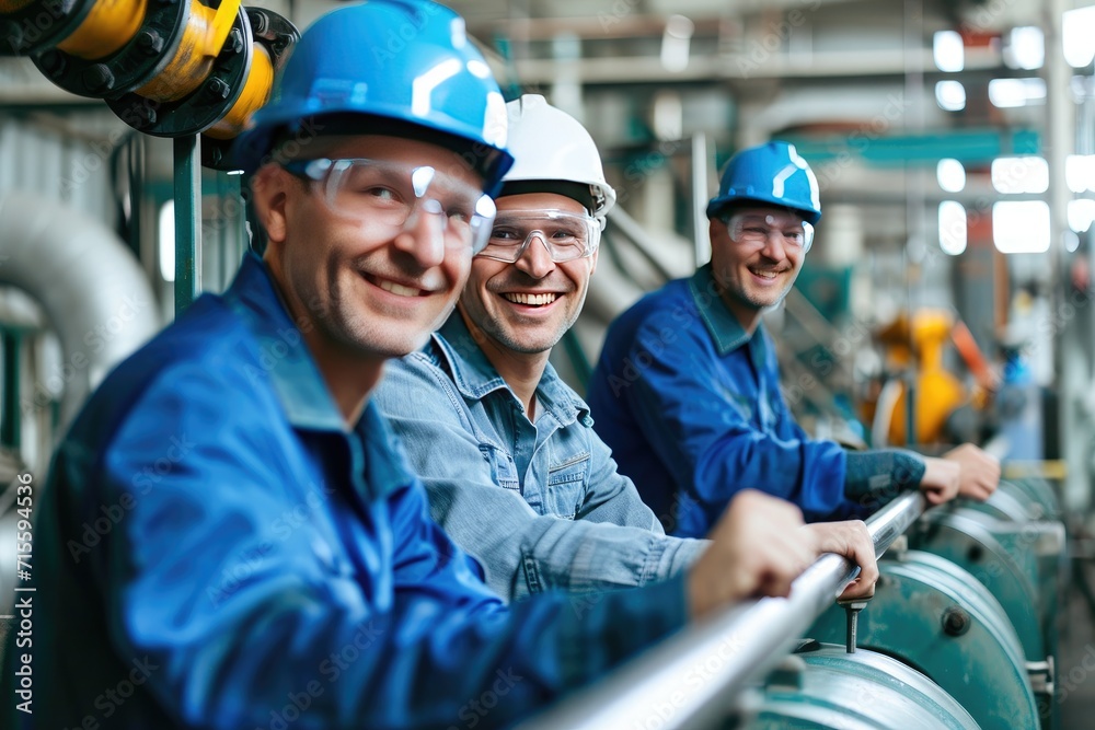 Happy mature engineer and colleagues working in factory Happy mature engineer and colleagues working in factory