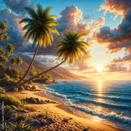 two large wonderful green palm trees and on the picturesque shore of the beautiful blue ocean at sunrise