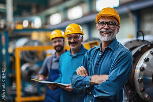 Happy mature engineer and colleagues working in factory