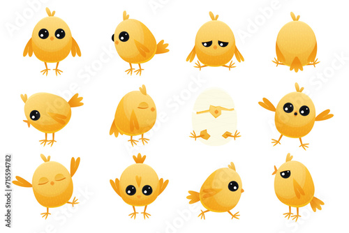 Cute cartoon chicken baby. Yellow farm poultry with beak and wings, simple happy animal characters with different emotions. Vector isolated set