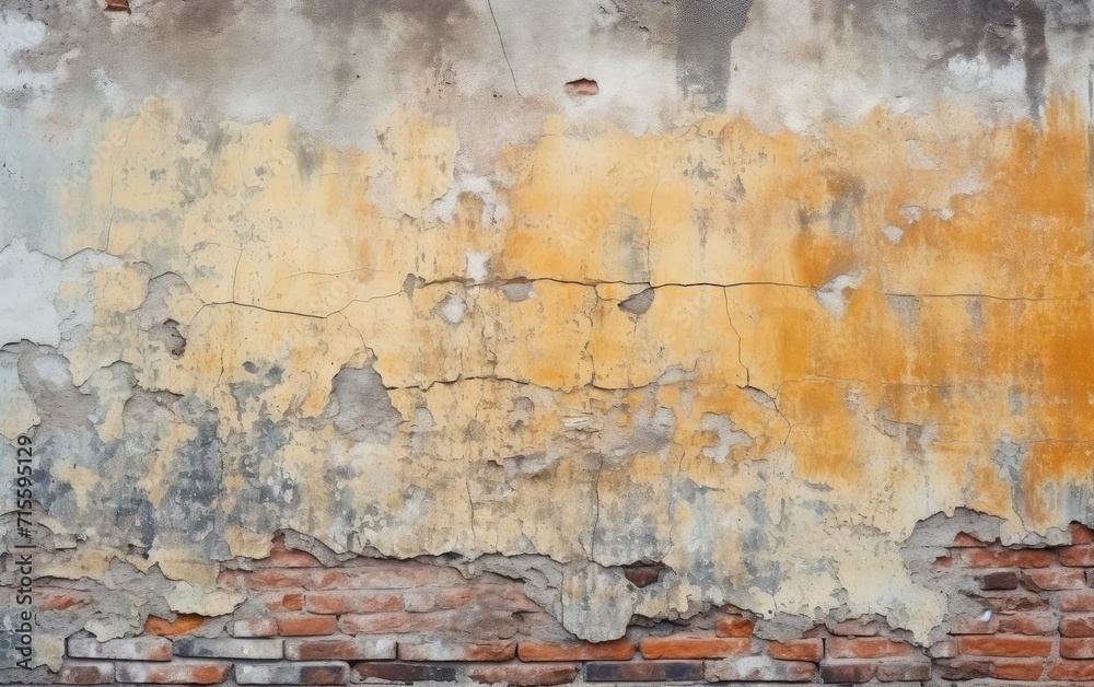 Fototapeta premium Weathered Wall With Peeling Yellow Paint and Exposed Red Bricks