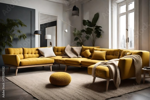 a modern living room atmosphere with a dark yellow corner sofa complemented by two knitted poufs. Achieve a Scandinavian home interior design vibe, blending comfort and style seamlessly 