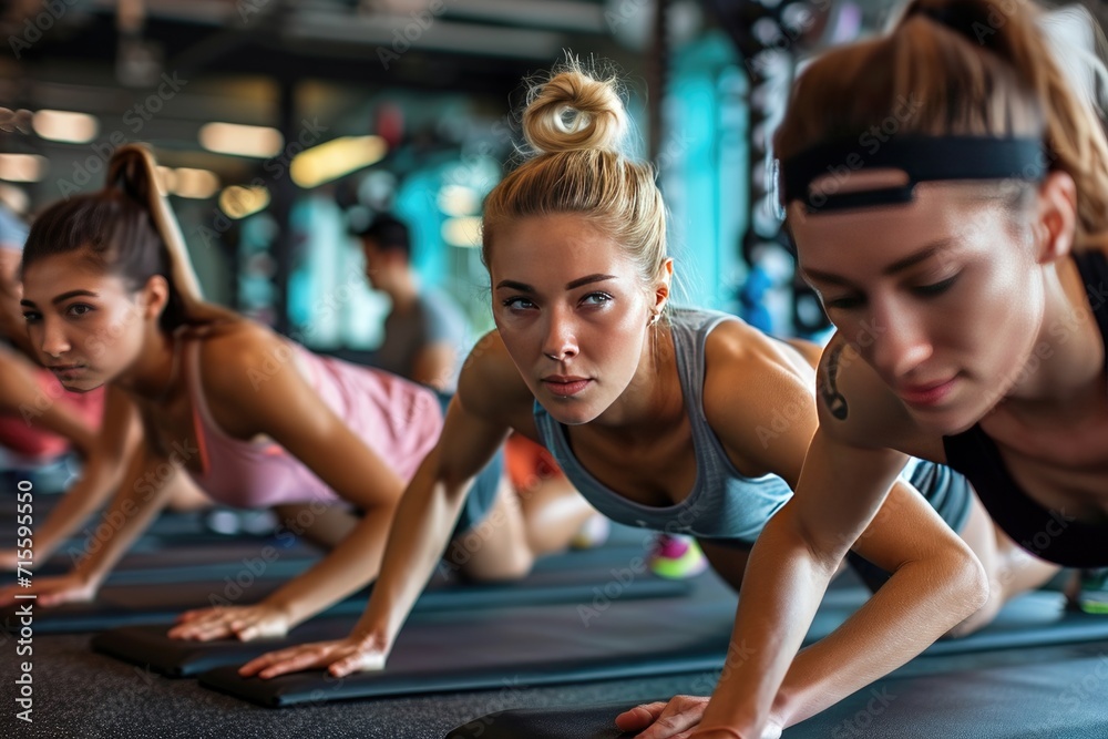 Fit young people doing pushups in a gym looking focused