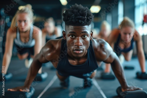 Fit young people doing pushups in a gym looking focused