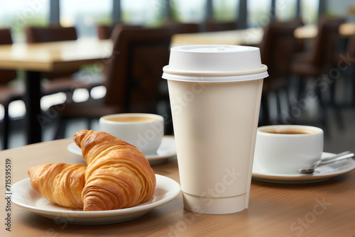Closeup of a white paper cup of coffee and croissant on a table in an empty cafe without people