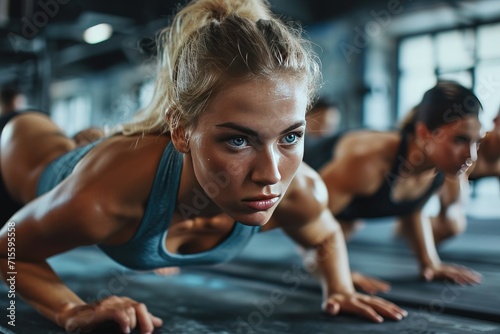 Fit young people doing pushups in a gym looking focused photo