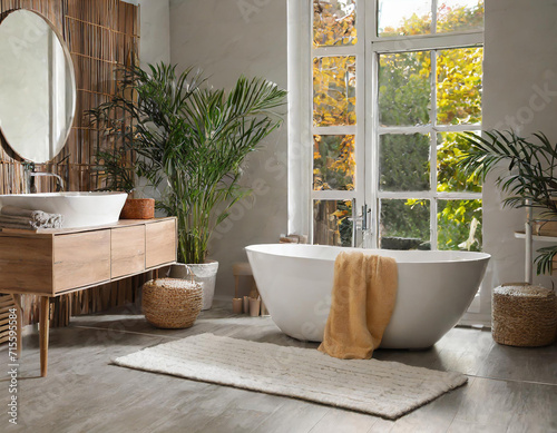 Stylish bathroom interior with soft bath mat and tub © Fbio