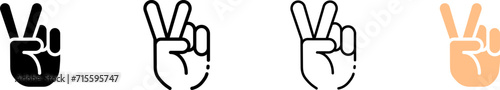 Icons of two fingers hand peace sign. Different styles, set of finger peace gesture, two fingers icons. Vector icons