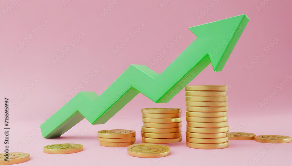 Green up arrow and coins on pink background. Financial success and growth concept of stock market. money rising trend Interest percentage increase, deposit. 3d rendering Green up arrow and coins on pink background. Financial success and growth concept of stock market. money rising trend Interest percentage increase, deposit. 3d rendering