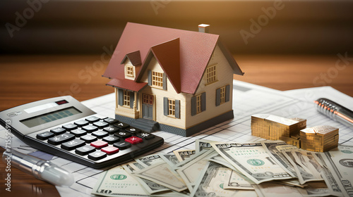 Model house, calculator, cash money and paperwork on a desk, real estate, home loan and investments concept