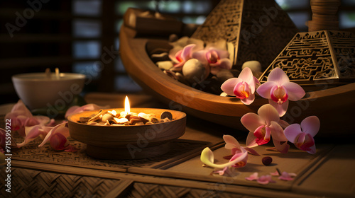 Traditional asian thai tropical massage, spa treatment detail set