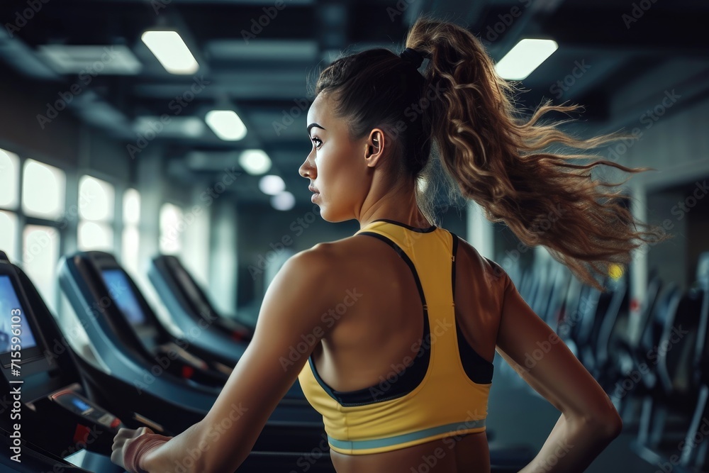 Fit young woman in sportswear running on a treadmill