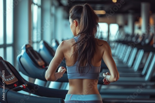 Fit young woman in sportswear running on a treadmill