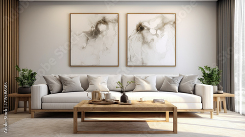 A virtual depiction of an empty picture frame within a contemporary Scandinavian-designed living space, featuring a modern interior with a pale beige couch and airy pampas grass