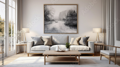 Simulated artwork placement in a sleek Scandinavian living area, where a light beige couch complements the minimalistic design, accompanied by feathery pampas grass photo