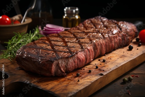  juicy beef steak with vegetables and spices