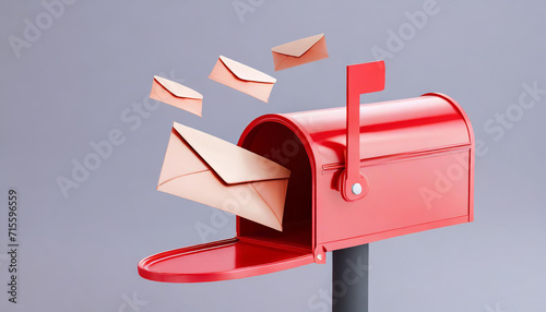 3D Red mailbox with flying envelope, mail delivery, and newsletter concept. 3d render illustration
