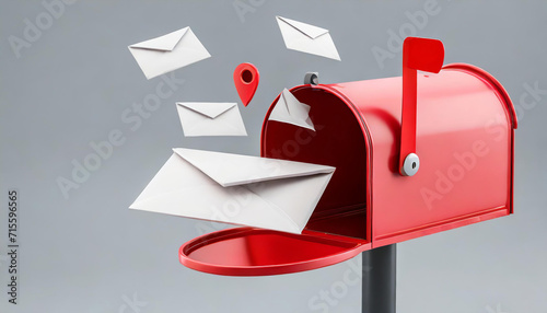 3D Red mailbox with flying envelope, mail delivery, and newsletter concept. 3d render illustration