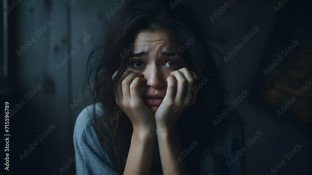 Fearful Woman with Anxiety in Dim Room