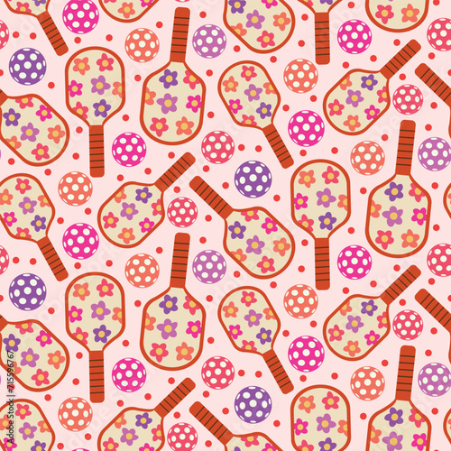 Elegant pickleball paddles patterned with retro groovy flowers seamless pattern with balls in orange  red  purple and pink on light cream background.