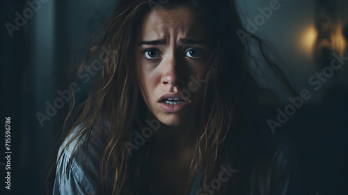 Portrait of Young Woman Experiencing Anxiety in Darkness photo