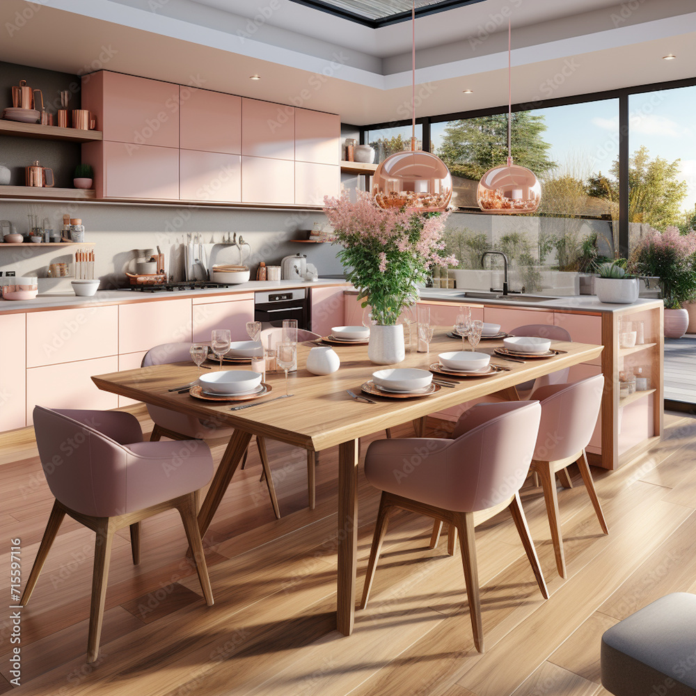 Pink kitchen cabinets and wooden shelf. Scandinavian modern interior design of kitchen with island, dining table and chairs