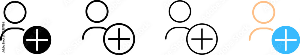 Invite person icons. Different styles, silhouette and plus, plus on a person's silhouette icons. Vector icons Invite person icons. Different styles, silhouette and plus, plus on a person's silhouette icons. Vector icons