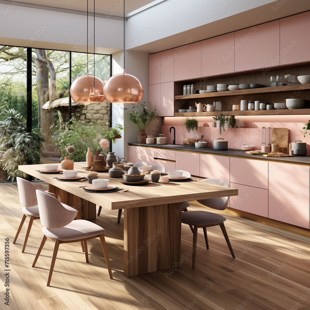 Pink kitchen cabinets and wooden shelf. Scandinavian modern interior design of kitchen with island, dining table and chairs