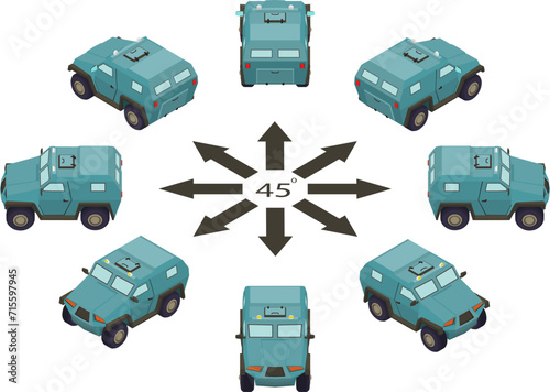 Rotation of the military vehicle by 45 degrees. Armored cars in different angles in isometric view.