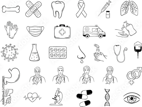 Medical hand drawn icons, vector icons, health, hospital,medicine, doctor, nurse elements (ID: 715598131)
