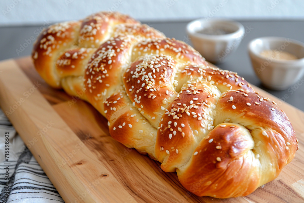 Challah bread on wooden board at kitchen or cafe. Bakery product