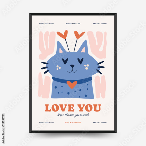 Modern Romantic, Valentine's day vertical flyer or poster template. Love hand drawn trendy illustration. photo