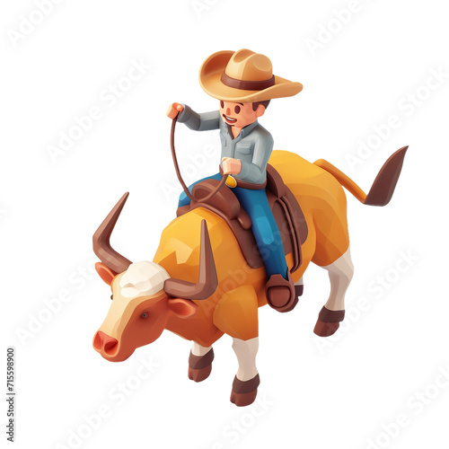 3D Render of a Cartoon Cowboy Riding a Bull