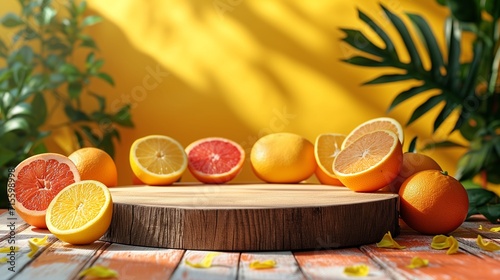 Fotografia Empty wooden round podium on colorful yellow and orange background surrounded by citrus fruits