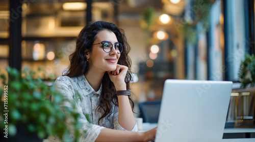 Mulher usando o computador no trabalho e pensando 