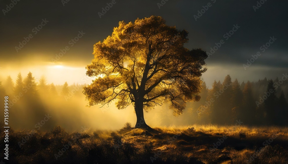 Naklejka premium Whispers of Autumn: A Solitary Tree Stands Amidst the Mystical Beauty of a Fog-Enveloped Forest, Capturing the Ethereal Charm of Fall in Tranquil Isolation. AI generated