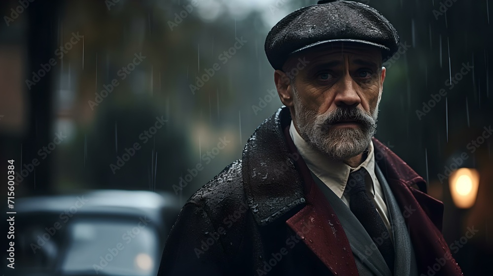 Solitary man walking on a rainy city street, reflective and somber mood Solitary man walking on a rainy city street, reflective and somber mood