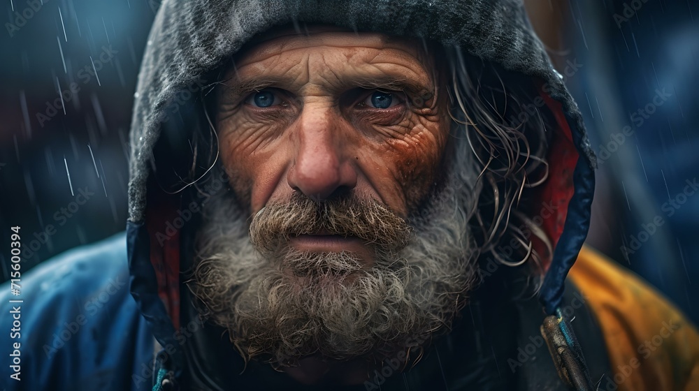 Portrait of a weathered man braving the rain in a hooded jacket, gaze of resilience Portrait of a weathered man braving the rain in a hooded jacket, gaze of resilience