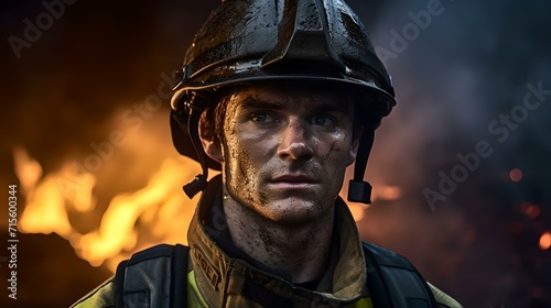 Brave firefighter portrait with intense gaze amidst blazing inferno