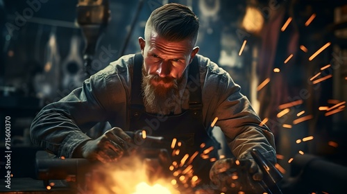 Focused craftsman at work: a bearded blacksmith forging metal amidst spark showers
